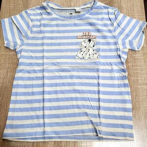 H&M Disney Girls 101 Dalmatians Cuddling Blue White Striped T-shirt Size 6x/7
